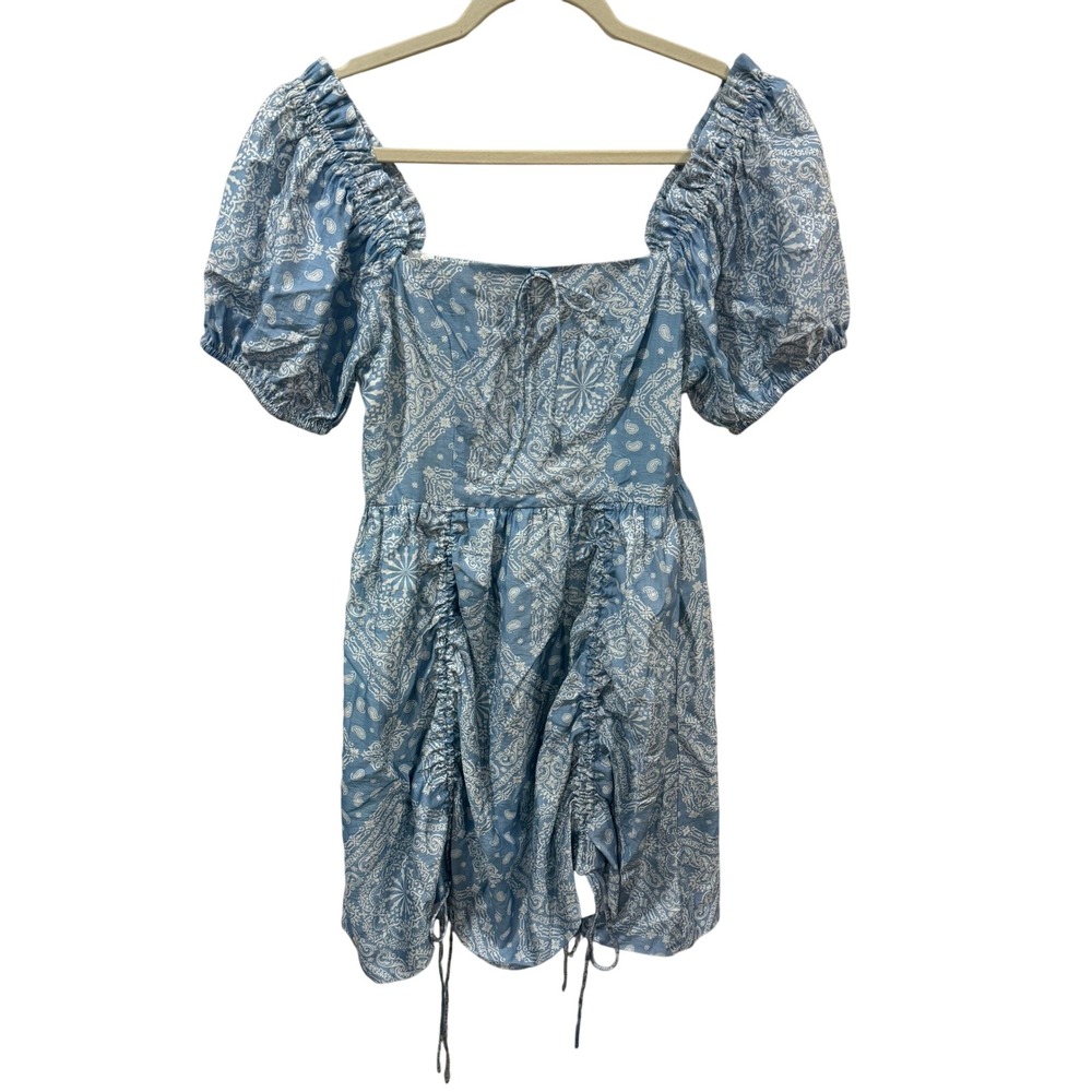 Doe and Rae Blue Bandana Paisley Puff Sleeve Ruched Mini Dress Small